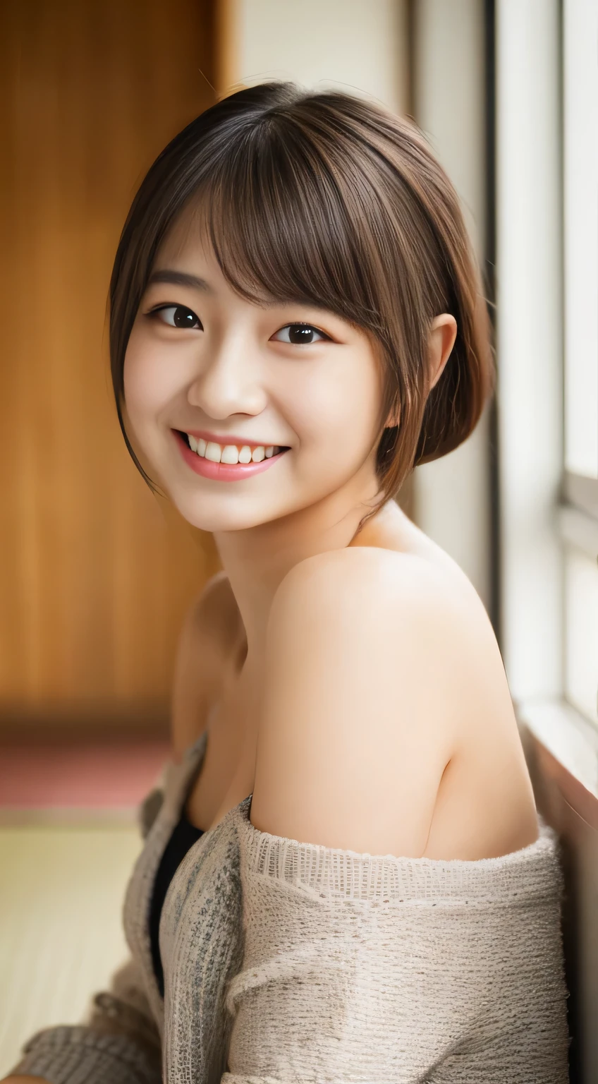 masterpiece,best quality,(Japanese cute girl),((Beautiful girl)),cleavage,(off shoulder:1.3),indoor,(perfect body beauty:1.2),(shy smile),beautiful teeth,From slightly above