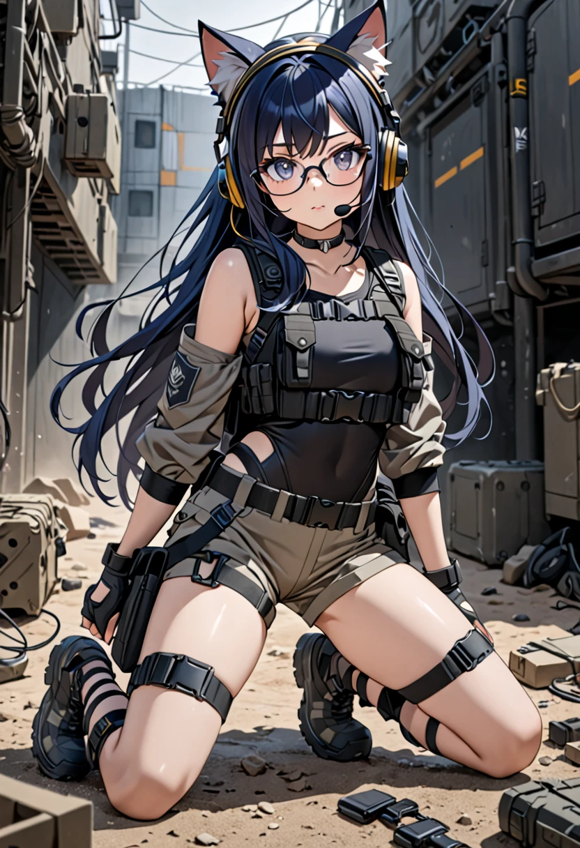 8K Ultra High-Quality, ultra-detailed, High quality, Dark Blue hair, Long hair, Headset, Goggles, cat girl, Grey Tactical clothes, Military clothes, shorts, black leotard under clothes, kneels and elbow pads, body harness, Looking at viewer, choker, glasses, full body