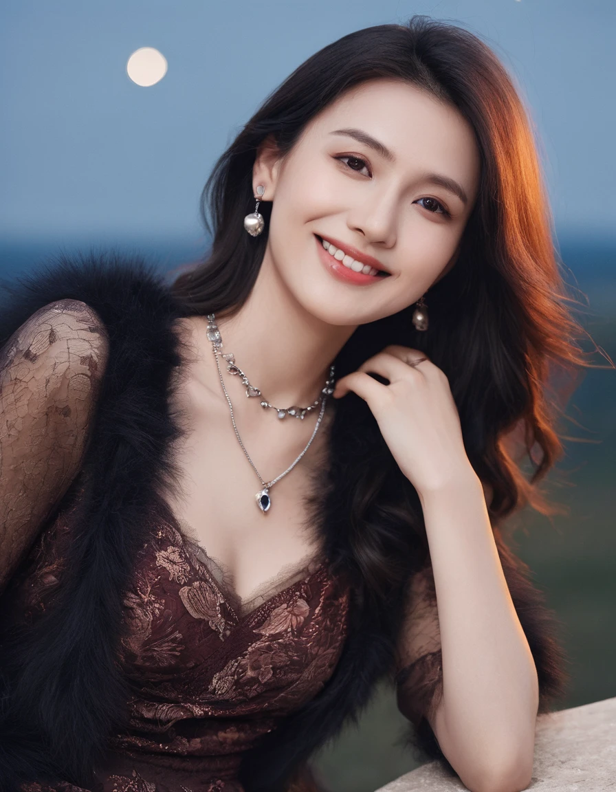 (Canon RF85mm f/1.2), (8k, RAW photos, best quality), (masterpiece), (realistic, photograph realistic), (ultra-detailed, High detail, Best image quality, super detailed, high resolution, Very detailed, Extreme detail description, hyperdetailed painting, An extremely delicate and beautiful work), Beautiful detailed girl, solo girl, (tall girl is 1m80), ((Perfect body)), Very detailed eyes and face, fair skin, noble beauty, ((detailed skin texture, pore)), perfect anatomy, Beautiful detailed whole body, delicate face, (slender abs, slim waist, large hip), (medium breasts, ), (cleavage:1.3), (affectionate look, soulful eyes, glowing eyes), (dark red eyes:1.5), , (long brown shininy hair), (smile:1.2), (Enchanted expression), (charming appearance), ((luxury queen very long dress)), ((black open chest fur coat)), ((high heel, earrings, lace necklace)), ((night)), physically-based rendering, Realistic lighting, (((full body:1.3))), ((looking at viewer:1.3)), ((standing on high place, large view, under night sky, dark cloud, moonlight:1.4))