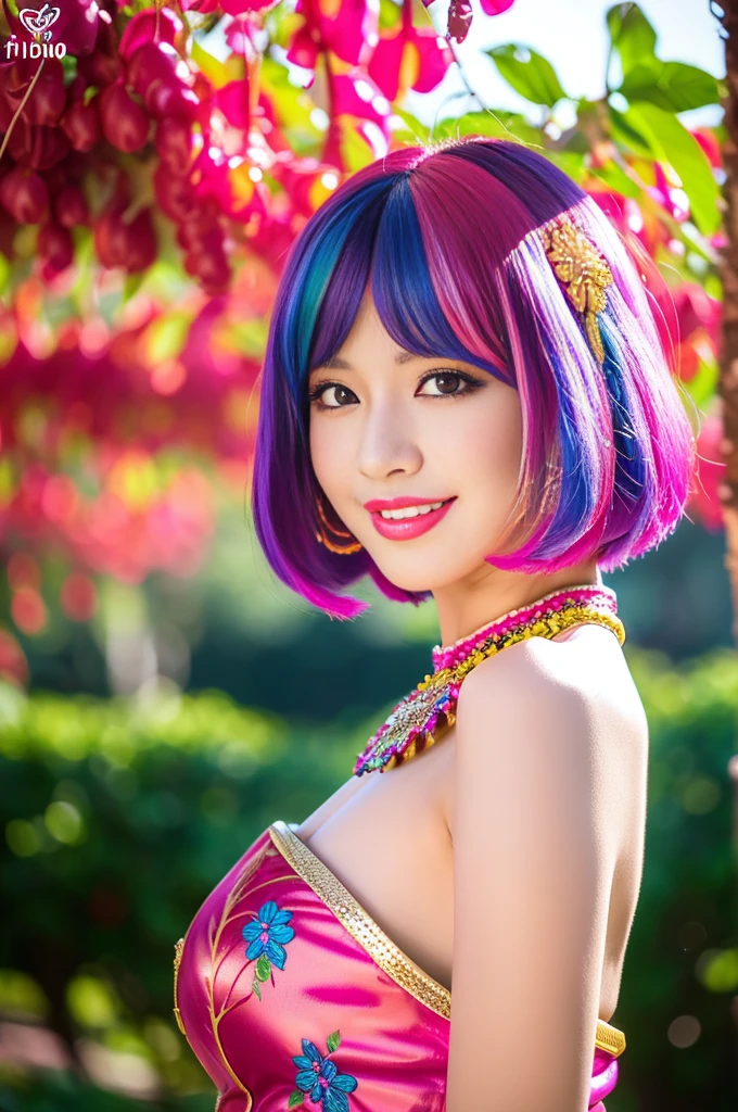 (masterpiece:1.4), (best quality:1.4), ultra high res, ultra high resolution, ((detailed facial features)), HDR, (realistic, photorealistic, photo-realistic:1.37), full body Esbian, sexy Thai model, (-anime), vivid colors, ((vivid colors multicolor (pink, fuchsia, purple) very short hair)), (happy smile), lip-gloss, long lashes, ultra detailed metallic makeup, defined eyebrows, wearing large sparkling colorful jewelery, wearing a red silk Paradise Kiss cosplay dress with black floral embroidery, ((vivid colors outfit)), vivid colors, look at the camera, cinematic light, large park background with trees, sweet and sexy pose