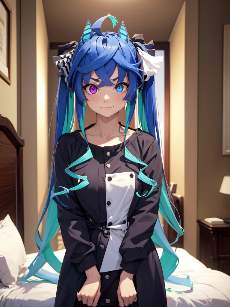 (​masterpiece、top-quality、hight resolution), In a dimly lit hotel room, a man sits on the edge of the bed, looking shocked and uncomfortable. Standing in front of him is a woman dressed as an escort, who he quickly recognizes as the delinquent girl who used to bully him in school. Her expression is a mix of surprise and amusement as she realizes who he is. She stands with one hand on her hip and a teasing smile on her face, clearly enjoying his discomfort. The room is simple, with a bed, nightstand, and dim lighting, creating an intimate yet tense atmosphere. The focus is on their facial expressions and body language, highlighting the awkward and unexpected reunion. nsfw,  Twin_Turbo_Umamusume, aqua hair, twintails, heterochromia, purple eyes, blue eyes, small breasts