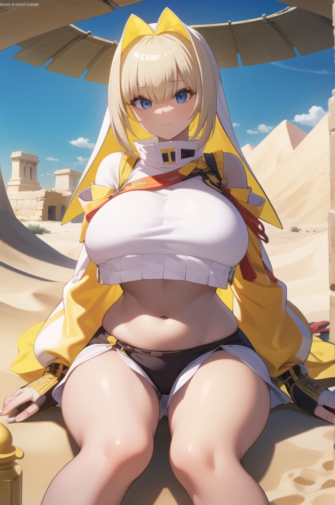 masterpiece, Best Quality, ultra detailed, animated style, in an oasis in the desert, a mature woman inspired by a sphinx with feline features sits majestically among sand dunes. Hieroglyphs adorn ancient ruins as a warm breeze carries whispers of mystery across the arid landscape. with an attractive body 