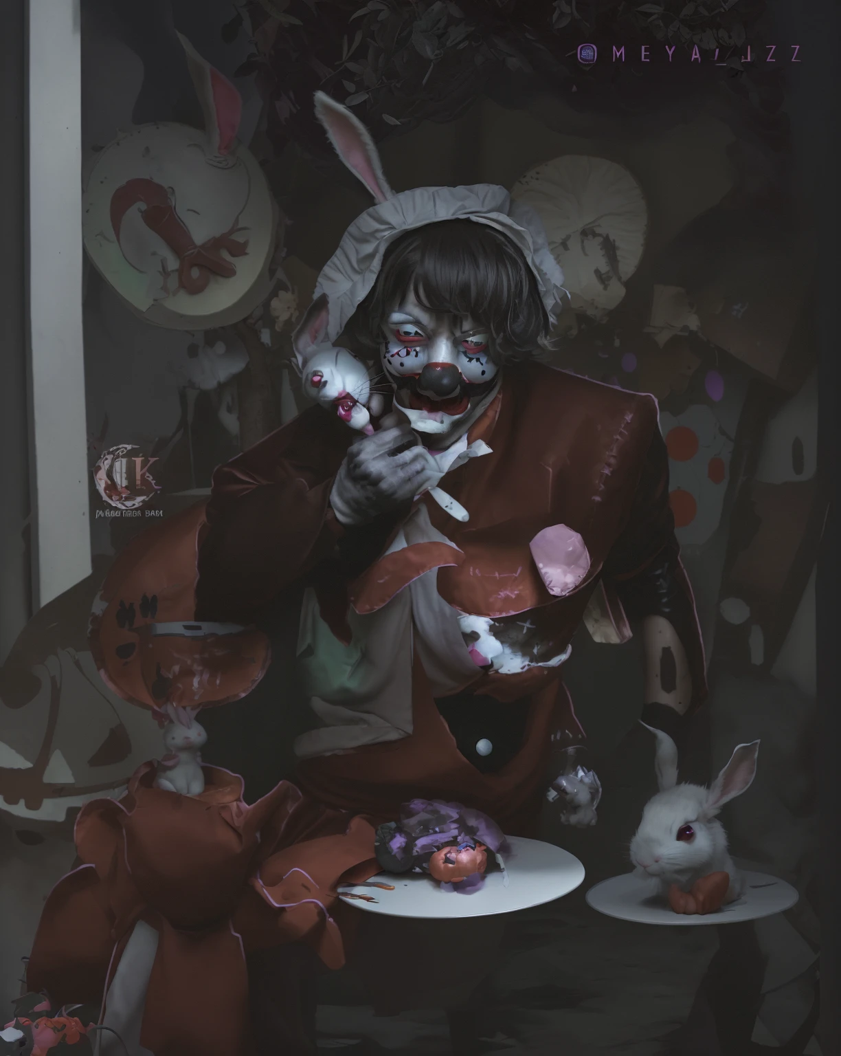 Man dressed as a clown is eating with a rabbit, official arte the fan, inspired by Jeon Jungkook, Halloween art style, dark but detailed digital art, arte the fan, I cheat the deal, alice in wonderland cyberpunk, halloween atmosphere, official work, high quality upload, Jeon Jungkook in a garden eating with a white rabbit
