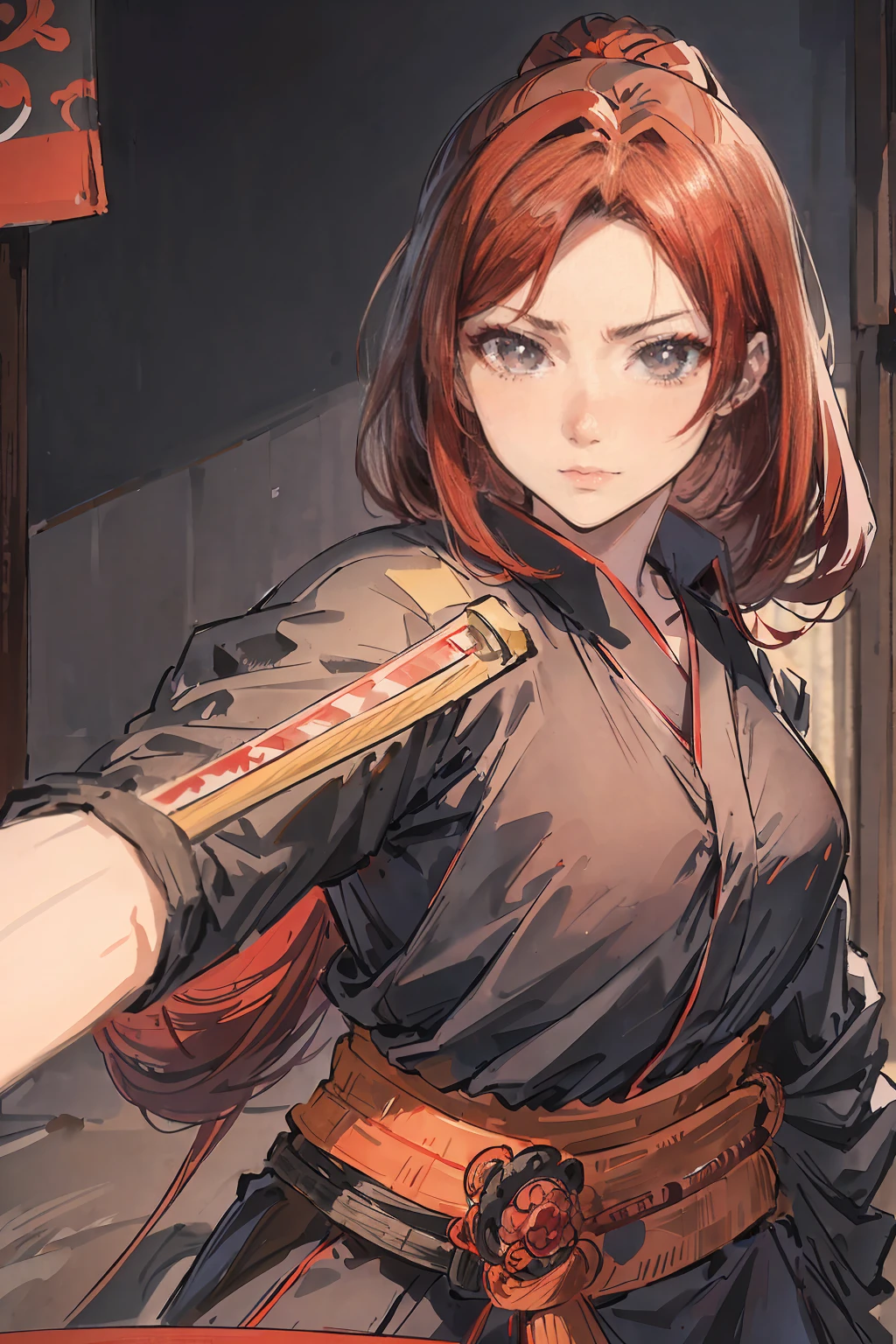 Ninja girl, a red haired , wearing a black ninja armor, long hair, fasion hair, samurai armor, slim body, shirt ornament, hakama, tall 165cm, 22yearold, samurai, katana, female, beautiful, lovely face,
