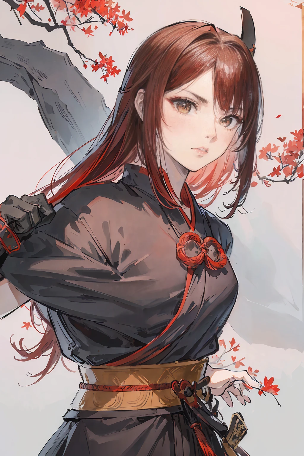 Ninja girl, a red haired , wearing a black ninja armor, long hair, fasion hair, samurai armor, slim body, shirt ornament, hakama, tall 165cm, 22yearold, samurai, katana, female, beautiful, lovely face, 