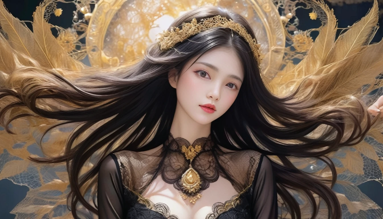 Eyes are very fragile,Exquisite hair color,(Glowing skin:1.2)((Black and Gold Sheer Lace Dress)),huge ,Too much,Large and droopy,Big song big , (((masterpiece))), ((best quality)), ((Intricate details)), ((Surrealism))