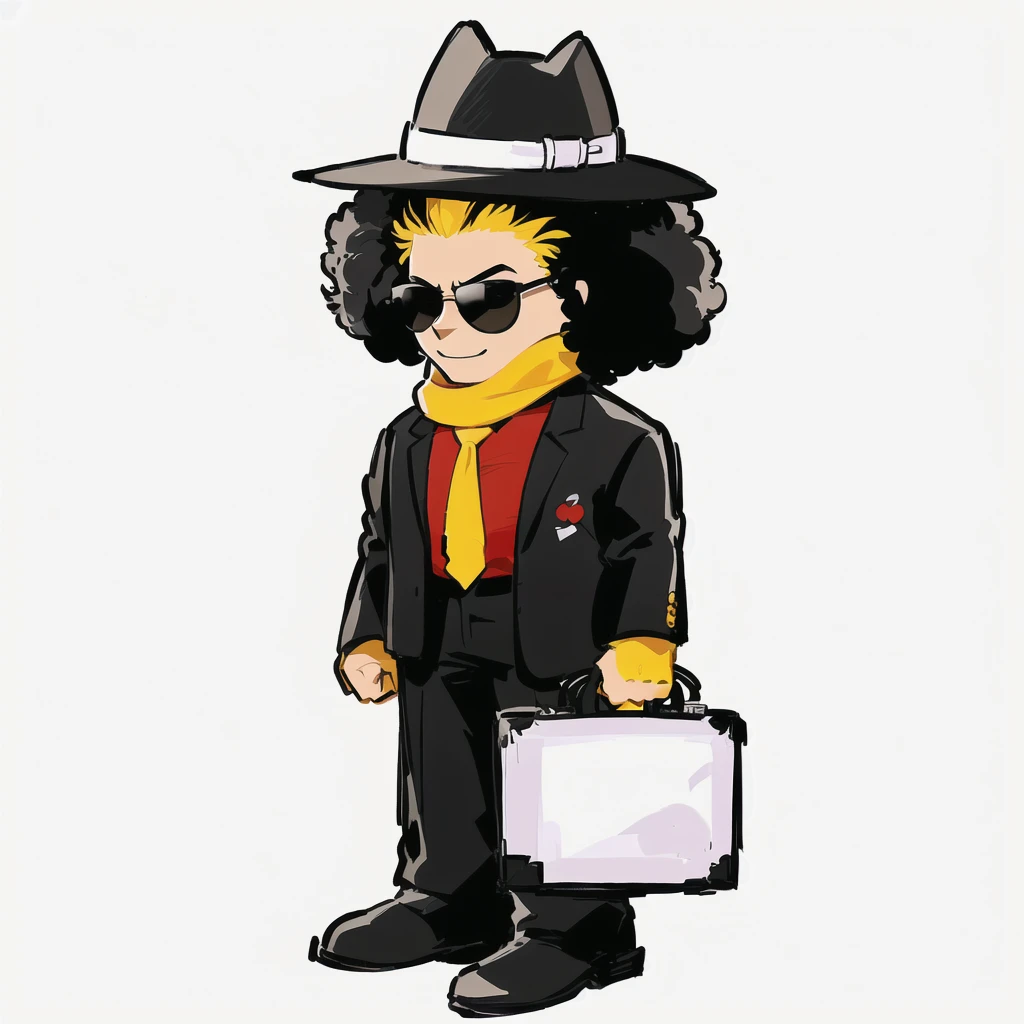 Draw a Cartoon-style character inspired by a mysterious salesman. He must wear a wide-brimmed black hat, sunglasses, have voluminous afro hair, and a black suit with a red shirt. Include a yellow tie and a gray briefcase in your hands. The character must have a confident and charismatic expression, similar to Michael Jackson