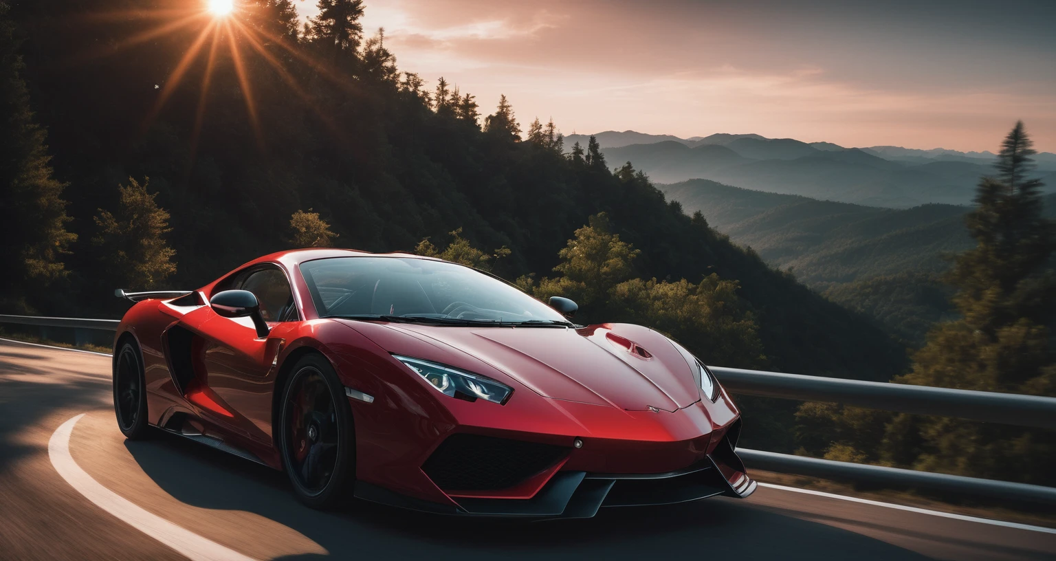 Sports car photos,A red sports car is on the right side of the screen,amazing,Drive on the highway,Showing speed and passion,Red photos,detail强化,blur background/Bokeh,Bright with natural light,Ray Tracing,Sunset sky,forest,Hill in the distance,Highly detailed environments,Low depth of field,HD,detail,8k,lens flare,Sunlight,