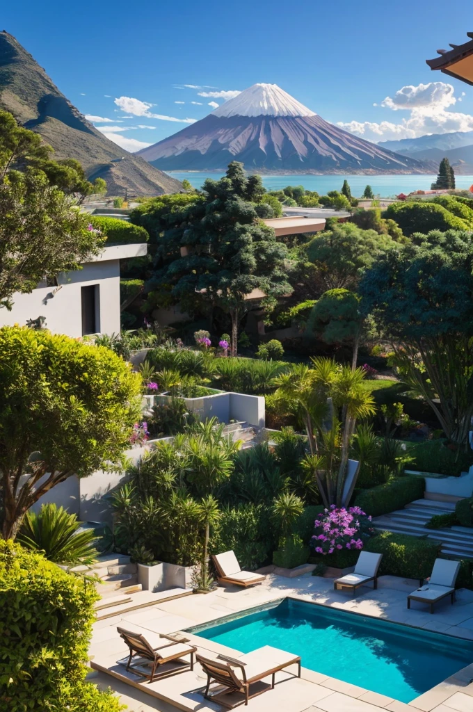 Multiple houses, brutalism style, Luis Barragán, Mountains in background, river, pool, terraces, stairs, garden terraces, trees, beautiful clouds, moon, sun, detailed, cacti, boulders, volcanic rocks, fuggy, river, lake, Violet, orange, olive green, blue, magenta, amazing volcano in horizont, beautiful garden design