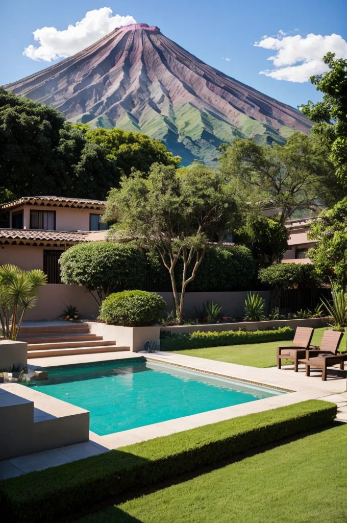 Multiple houses, brutalism style, Luis Barragán, Mountains in background, river, pool, terraces, stairs, garden terraces, trees, beautiful clouds, moon, sun, detailed, cacti, boulders, volcanic rocks, fuggy, river, lake, Violet, orange, olive green, blue, magenta, amazing volcano in horizont, beautiful garden design