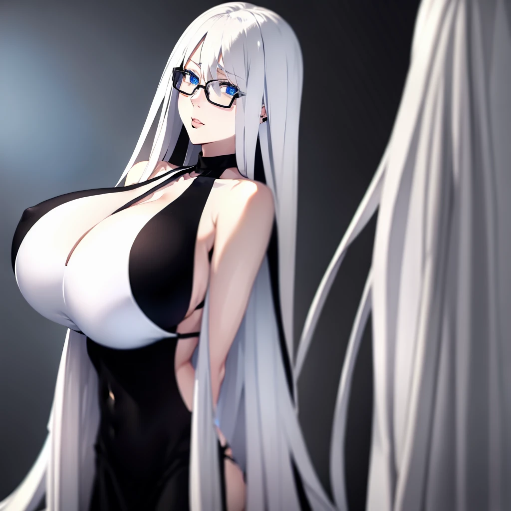 Long white hair white skin dull blue eyes a black glasses wearing white sweeter with big breasts