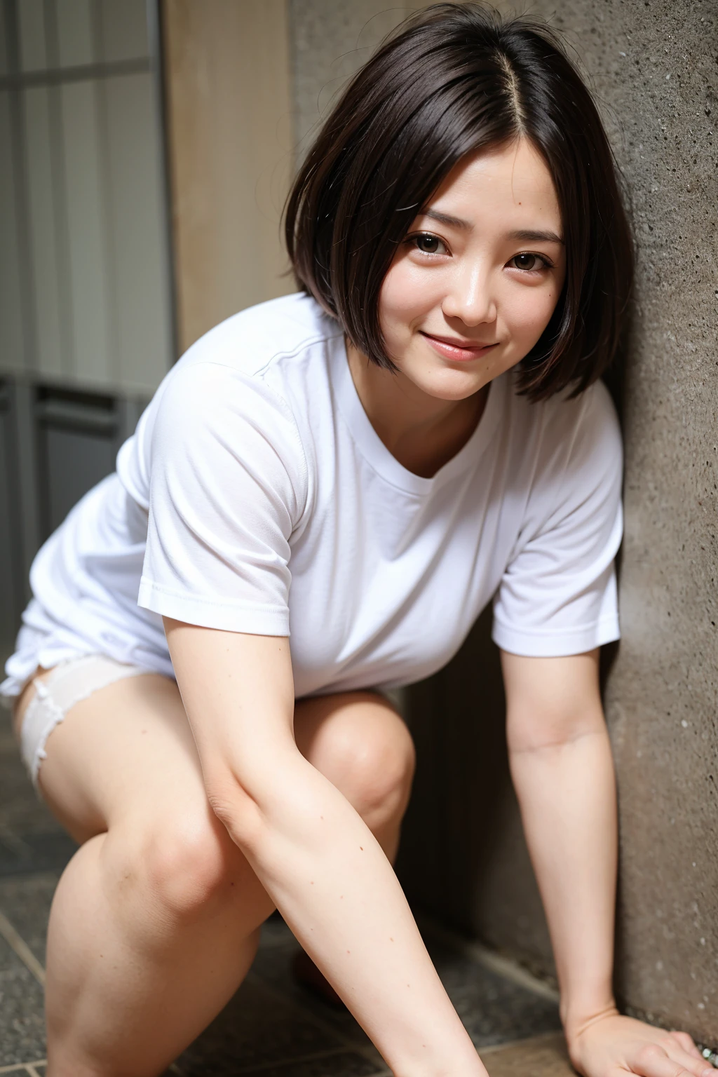 Top quality, 1 beautiful woman, super short Hair, shy-smile, Crouching