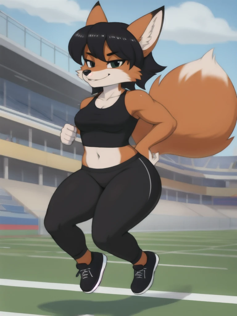 Furry, fox, female, black shirt, black leggings, shoes, running track, solo, full body