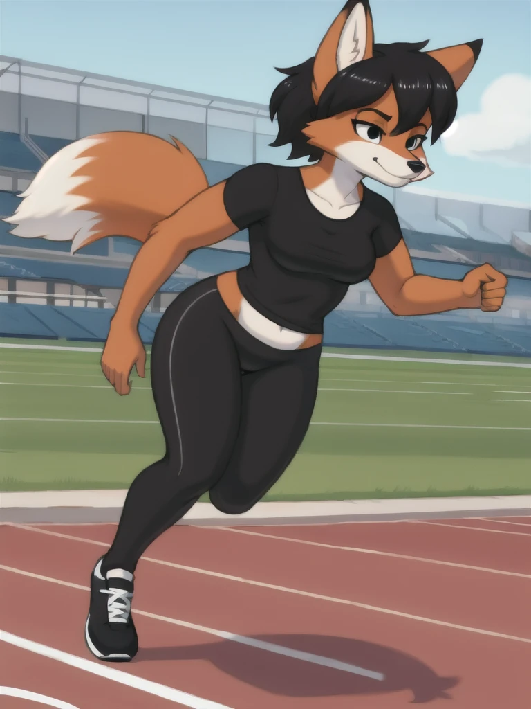 Furry, fox, female, black shirt, black leggings, shoes, running track, solo, full body