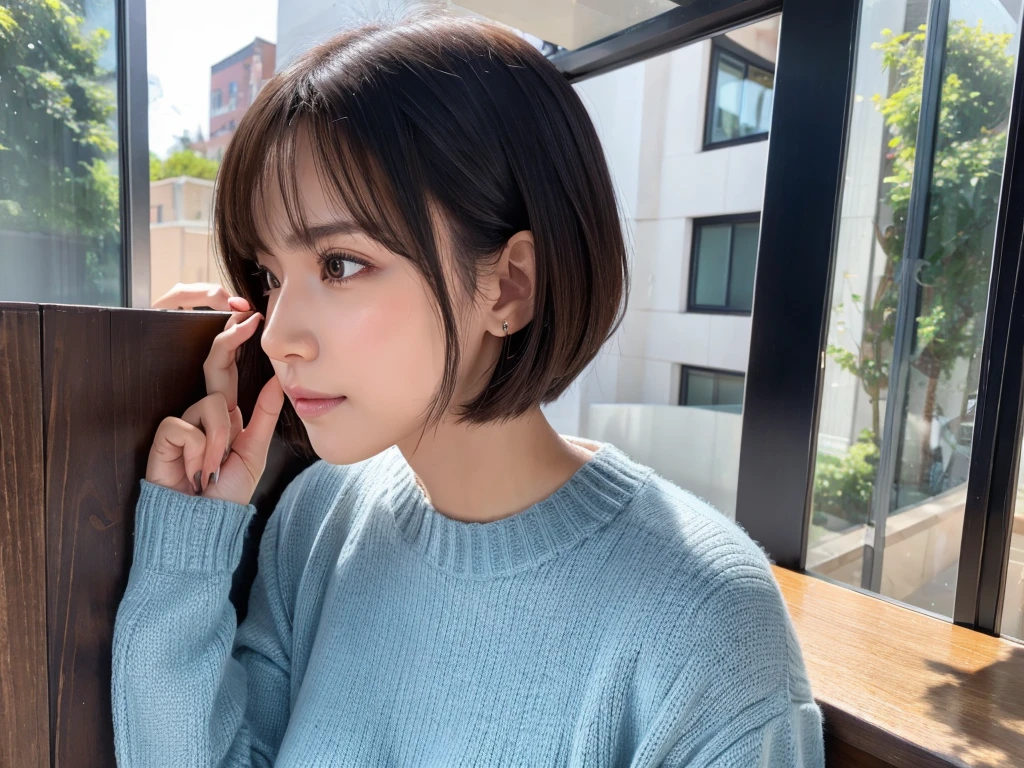 (((masterpiece, best quality,ultra-detailed,8k,high resolution))), (upper body),24 years old , 1girl, short hair, (put on sweater to cover the half face)