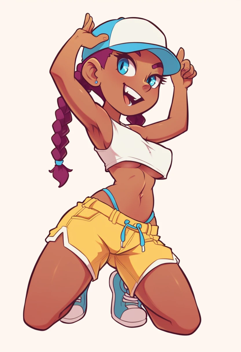 score_9, score_8_up, score_7_up, score_6_up, Character concept art of a dark skinned woman, twin braids, yellow top, khahki shorts, baseball cap, fashionable, high detail, white background