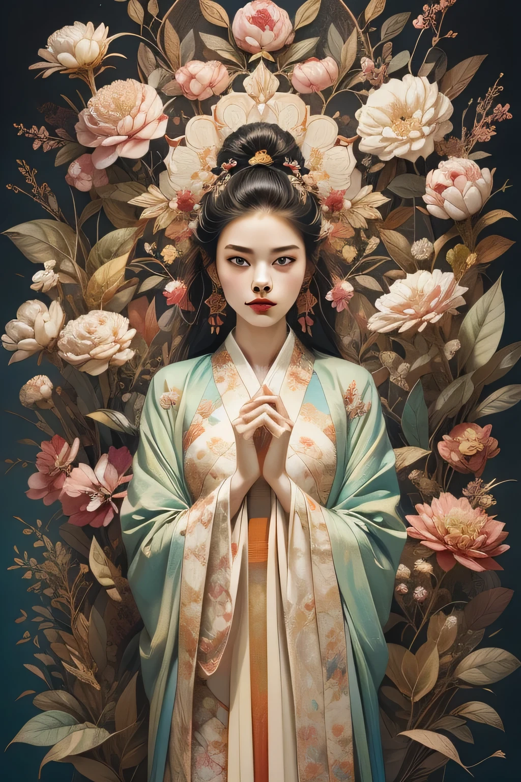 Ambilight,masterpiece,ultra-high quality,(ultra detailed original illustration),((hanfu fashion)),clean cloth,flower blossom background,double exposure,fussion of fluid abstract art,(original illustration composition),( fusion of limited color, maximalism artstyle, geometric artstyle, junk art),