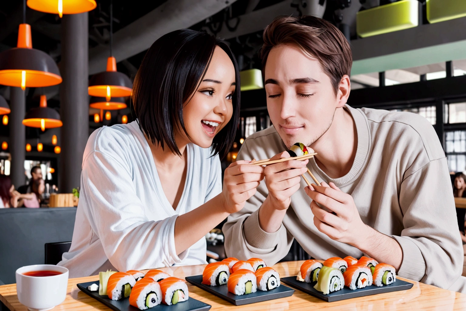 Girlfriend feeding boyfriend sushi, shy, in love, across from each other