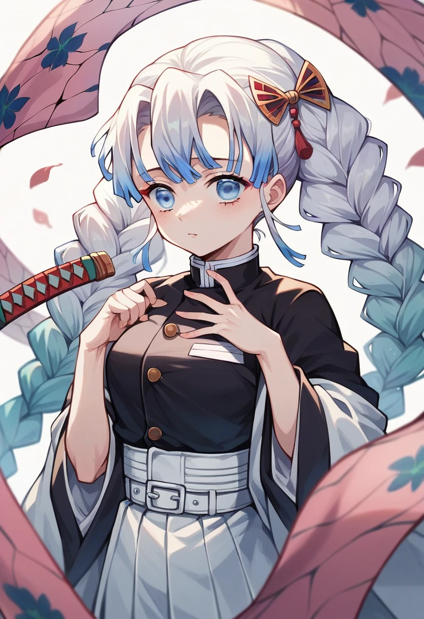 in the style of "Kimetsu no yaiba" represents a girl with long, completely white hair, light blue eyes, His hunter outfit is dark purple and he wears a white haori and his katana. 