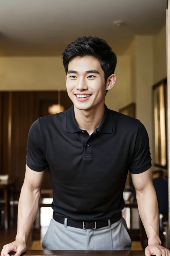 Korean man, Inspiration from Peng Yuyan, 23 years old, Korean muscular man ，The dining room is in the back, a tight-fitting polo shirt., open mouth smile