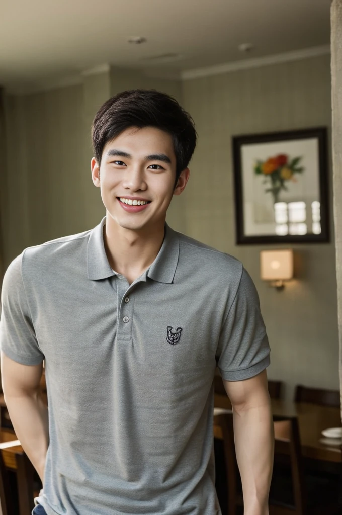 Korean man, Inspiration from Peng Yuyan, 23 years old, Korean muscular man ，The dining room is in the back, a tight-fitting polo shirt., open mouth smile