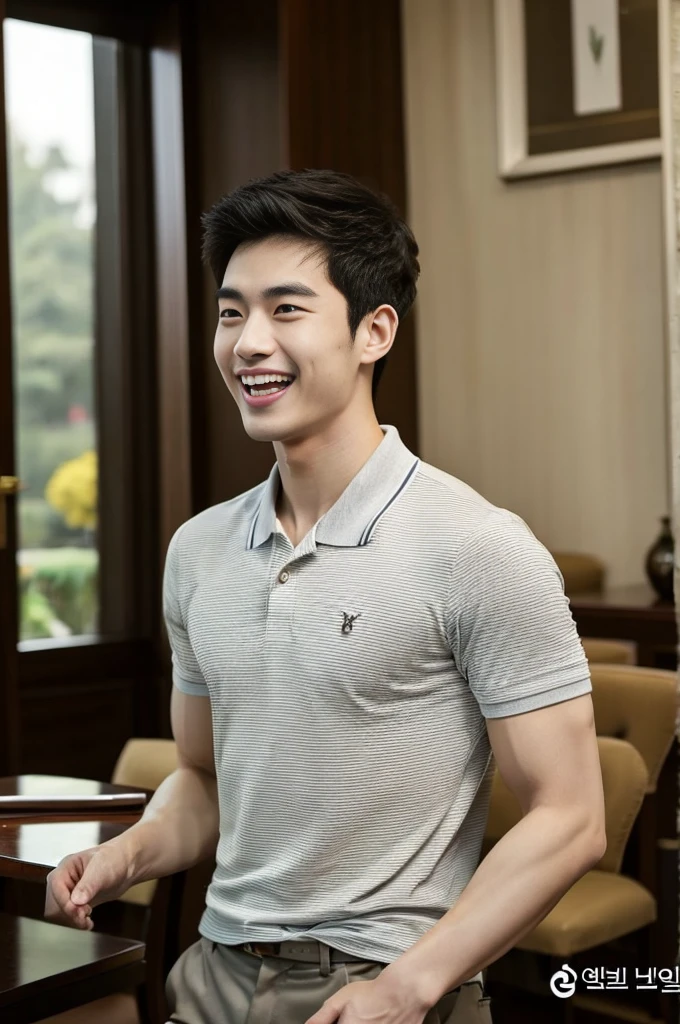 Korean man, Inspiration from Peng Yuyan, 23 years old, Korean muscular man ,The dining room is in the back, a tight-fitting polo shirt., open mouth smile