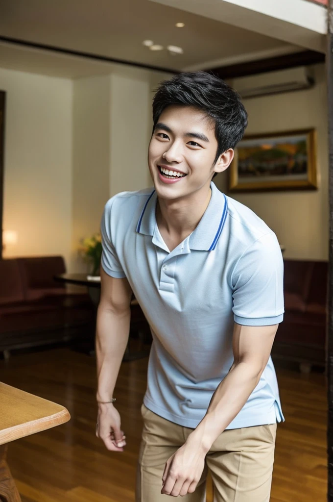 Korean man, Inspiration from Peng Yuyan, 23 years old, Korean muscular man ，The dining room is in the back, a tight-fitting polo shirt., open mouth smile