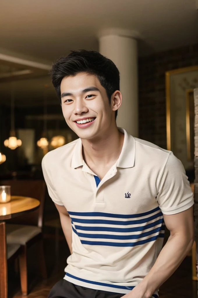 Korean man, Inspiration from Peng Yuyan, 23 years old, Korean muscular man ,The dining room is in the back, a tight-fitting polo shirt., open mouth smile
