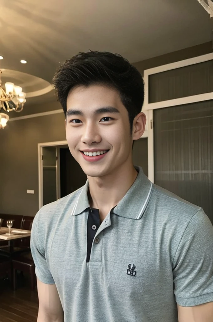 Korean man, Inspiration from Peng Yuyan, 23 years old, Korean muscular man ，The dining room is in the back, a tight-fitting polo shirt., open mouth smile