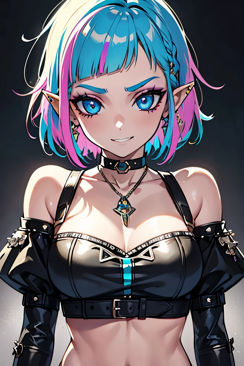 (Punk Zelda), short hair, multicoloured hair, piercing, makeup, crop top, choker, arm straps, (arrogant look), cheeky and bratty behaviour, grinning, (detailed face), (detailed eyes:1.1), masterpiece, best quality, intricate, detailed, sharp, focused, colorful details, iridescent colors, intricate details, dynamic voluminous light, high resolution, enchanted quality.