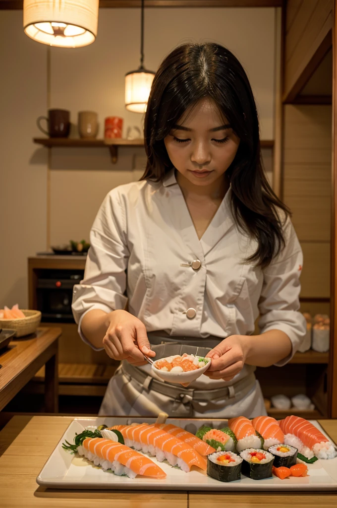 exceptional quality, very detail, Japanese sushi chef Kitten makes fish sushi by hand, melihat sushi, very detail,