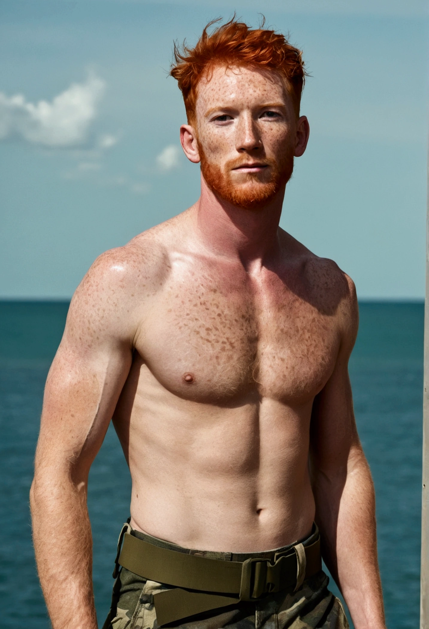 A red-haired man, body healed, Face with freckles, wearing no shirt, camouflage military pants
