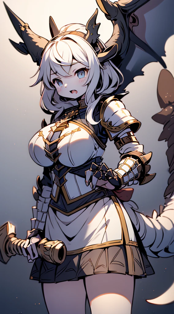 knight，Dragon Girl，Anthropomorphic Dragon，Dragon Horn，knightarmor，Plate，Breastplate，Wristband，Arm Guard，Metal armor，armor，wing，巨龙wing，巨龙knight女孩，Big breasts，Pale，silver white，White hair，White scales，Dragon Claw，butt，大butt，Big breasts，Big breasts，armor，knight长枪，Spear，Huge spear，Fantasy style，Fantasy style，Skirt Armor，Skirt，Dragon Tail，巨Dragon Tail，Fleshy tail，Chubby tail