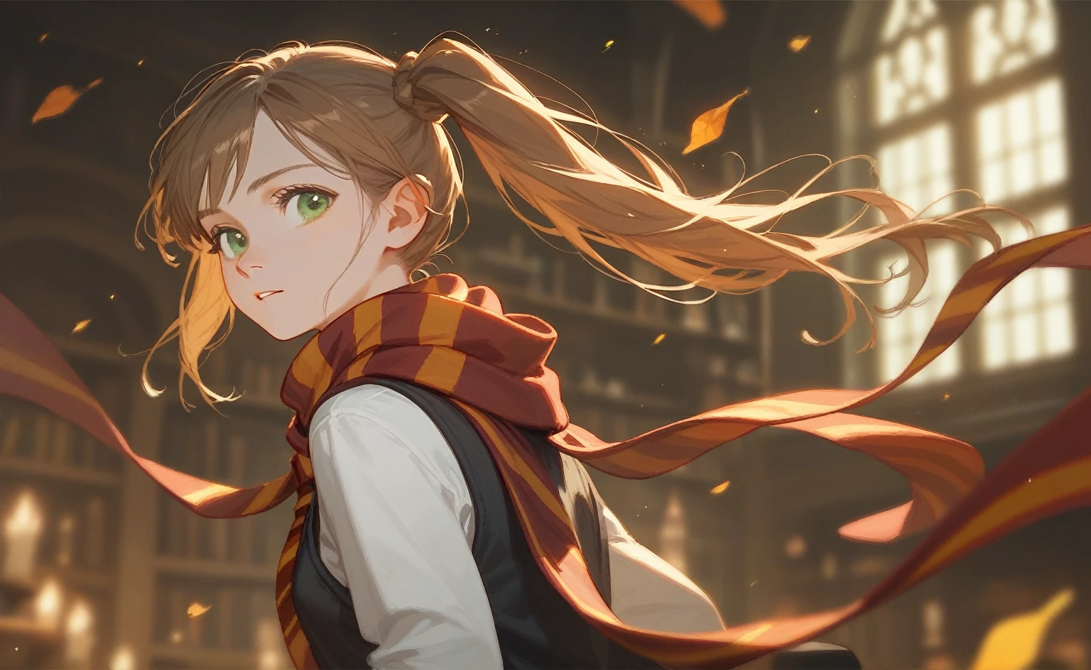 1 ，Brown side ponytail，scarf，Green eyes，Harry Potter wizard&#39;s cloak fluttering，Black sailor suit，night，Medieval Castle Background，moon，Open floating magic book in hand，Green magic effects