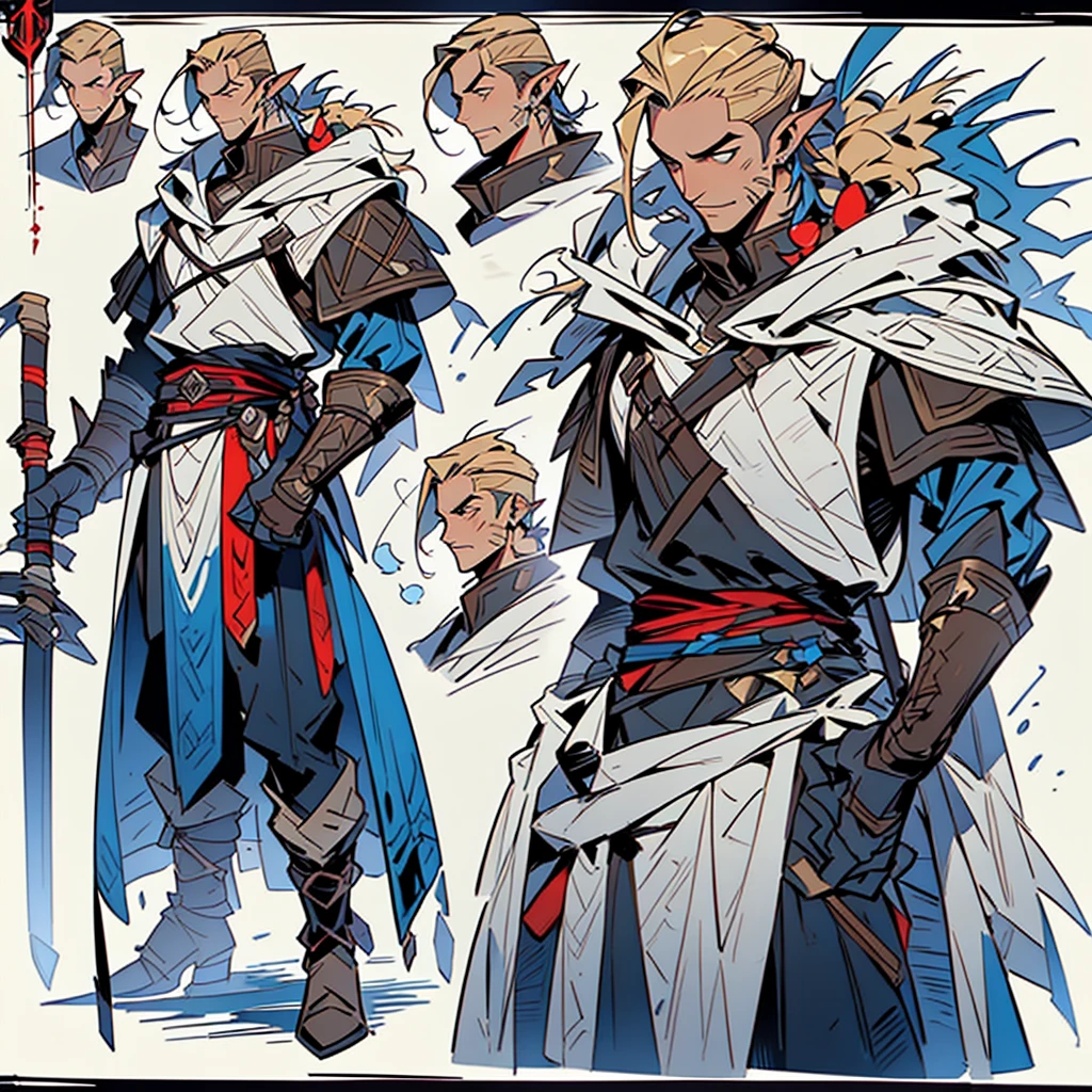 Close-up of a man in a Assasin's Creed costume, ((character concept art)), ((Character design sheet, same character, on front, from on the side, At the back)) Character image, Medieval game character design, Medieval game character design, hair color: Brown with gold parting, Age: Young, eyecolor: Brown, He wears gloves on his hands, Wears boots. During the use of certain abilities, A helmet is formed on the head of a dragon. He has a code name around his neck, expert high detail concept art, Concept art of a metal bullet, Fun character design. ConceptArt, belt buckle at the waist,Medieval style weapons,