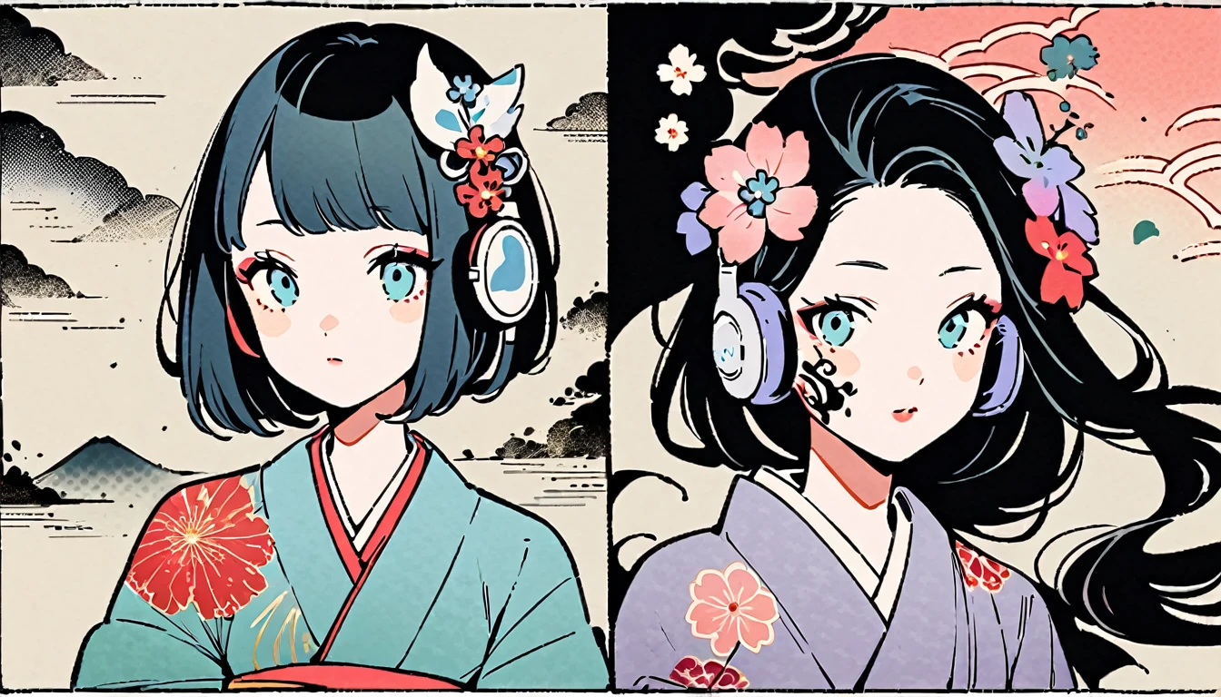 Ink Painting, (((1 girl))), (((Tattoo on face))), (((Gorgeous hair accessories))), Japanese style headphones, Beautiful woman wearing Japanese kimono, Black Hair, pastel color, Modern ukiyo-e style