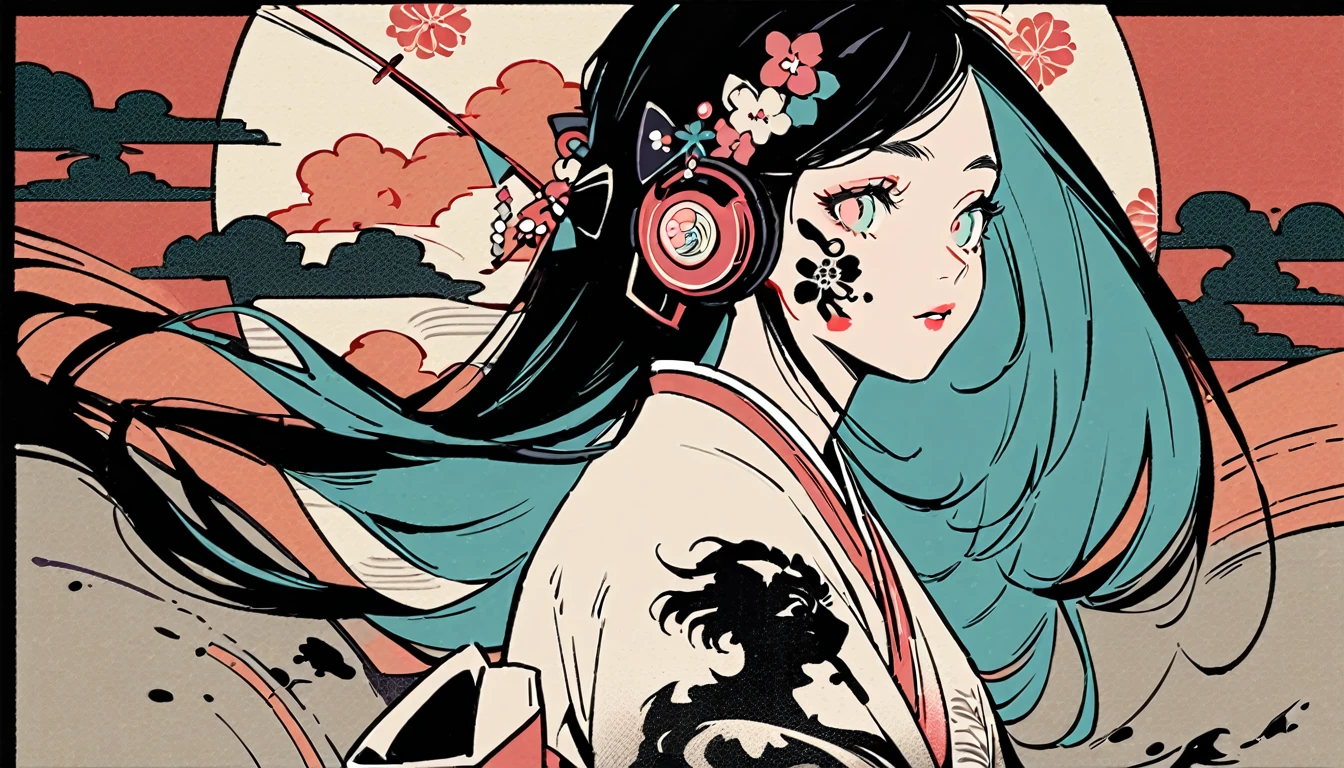 Ink Painting, (((1 girl))), (((Tattoo on face))), (((Gorgeous hair accessories))), Japanese style headphones, Beautiful woman wearing Japanese kimono, Black Hair, pastel color, Modern ukiyo-e style