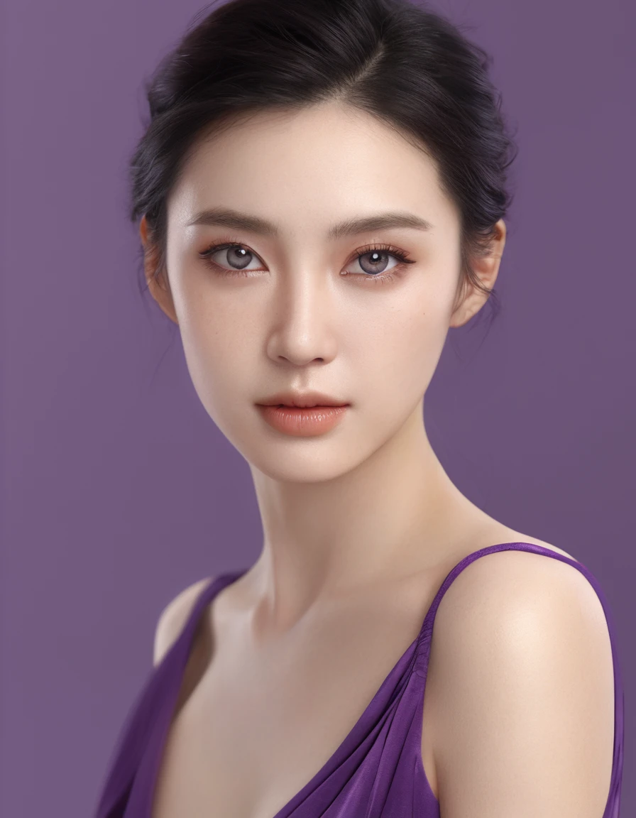 ((best quality)),absurdres,(ultra high res),octane render,(hyperrealistic:1.2), (photorealistic face:1.2), most beautiful woman, sexy purple top, long sleeves, sexy long skirt, bare shoulder, modeling, perfect female body, (realistic:1.7), (8k), (Masterpiece), (realistic skin texture), (studio lighting),(beautiful eyes:1),
