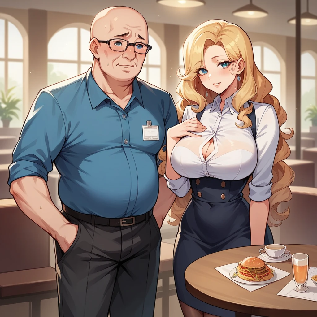 Beautiful woman 25 years old, not very high, long curly light blonde hair, Thin waist, big tits, well-shaped and large hips. She wears a secretary uniform, She is having lunch next to a fat, bald old man., restaurant, romantic, evening