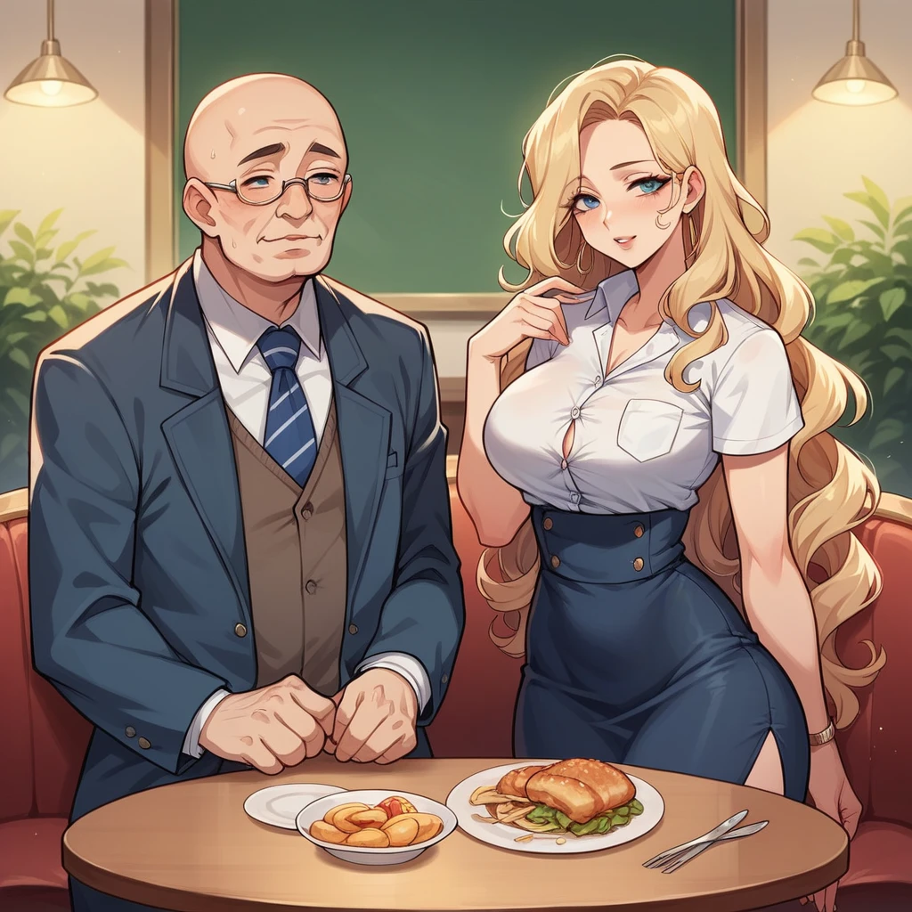 Beautiful woman 25 years old, not very high, long curly light blonde hair, Thin waist, big tits, well-shaped and large hips. She wears a secretary uniform, She is having lunch next to a fat, bald old man., restaurant, romantic, evening