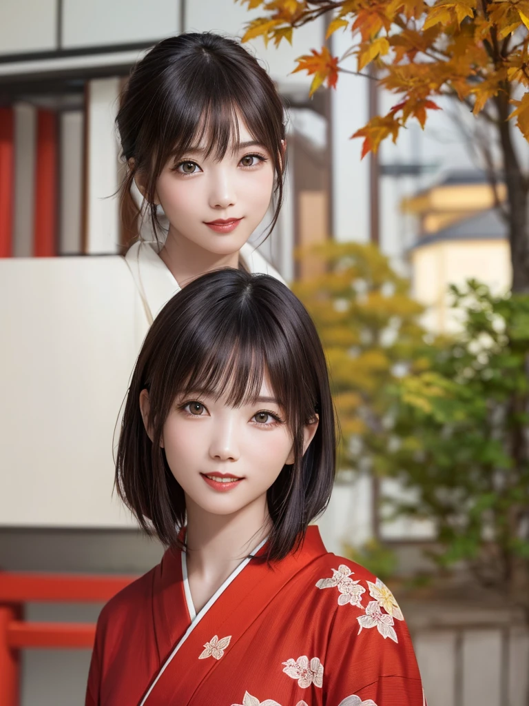 (Highest quality、8k、32K、masterpiece)、(Realistic)、(Realistic:1.2)、(High resolution)、Very detailed、Very beautiful face and eyes、(((Female solo shot)))、Frame In、Tight waist、(Highest quality、Attention to detail、Rich skin detail)、(Highest quality、8k、Oil paints:1.2)、(Realistic、Realistic:1.37)、Bright colors、(((Bust Shot)))、(((Medium Hair)))、(((smile)))、(((Black Hair)))、(((Red kimono)))、(((White and red kimono)))、(((Japanese garden)))、(((Autumn scenery)))、(((The appearance of a Japanese woman)))、