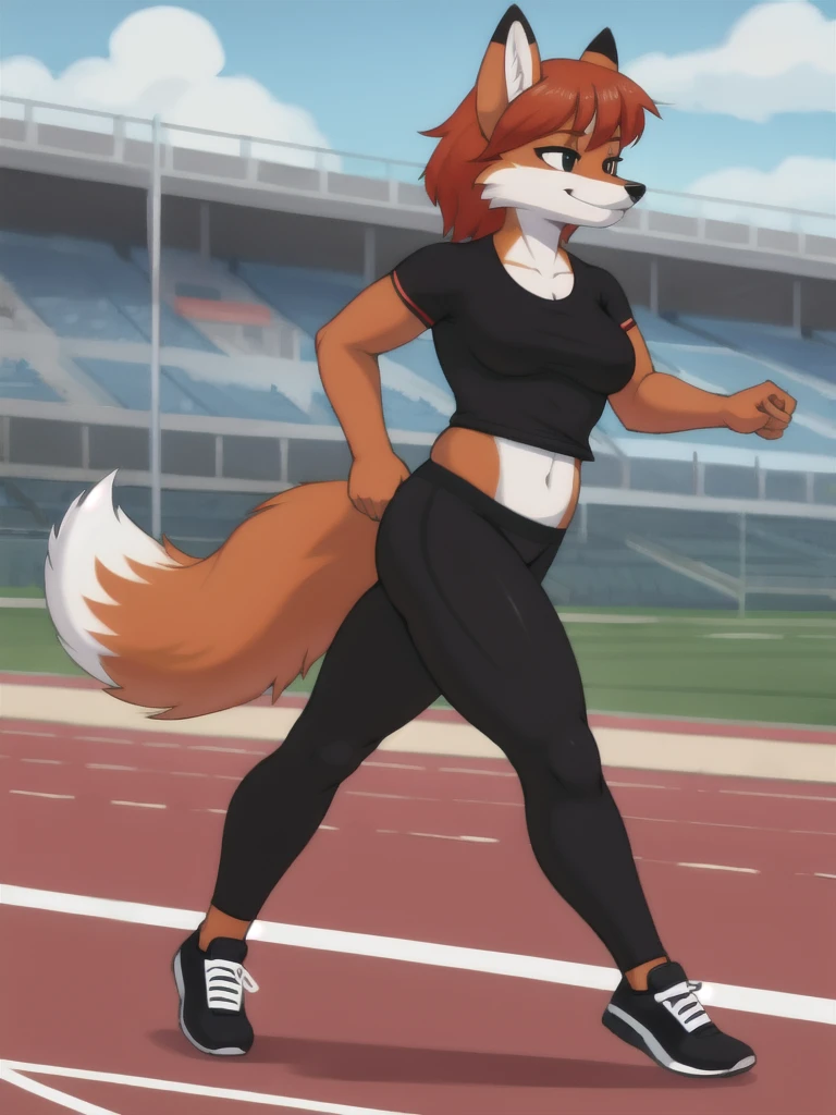 Furry, fox, female, black shirt, black leggings, shoes, running track, solo, full body
