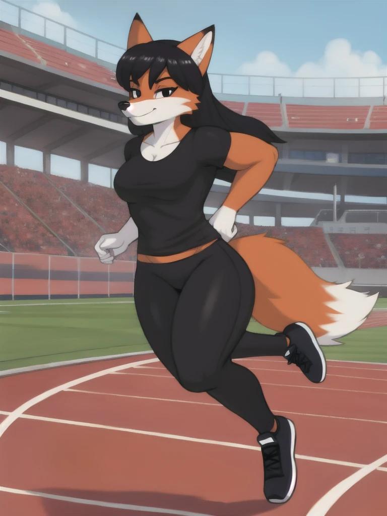 Furry, fox, female, black shirt, black leggings, shoes, running track, solo, full body