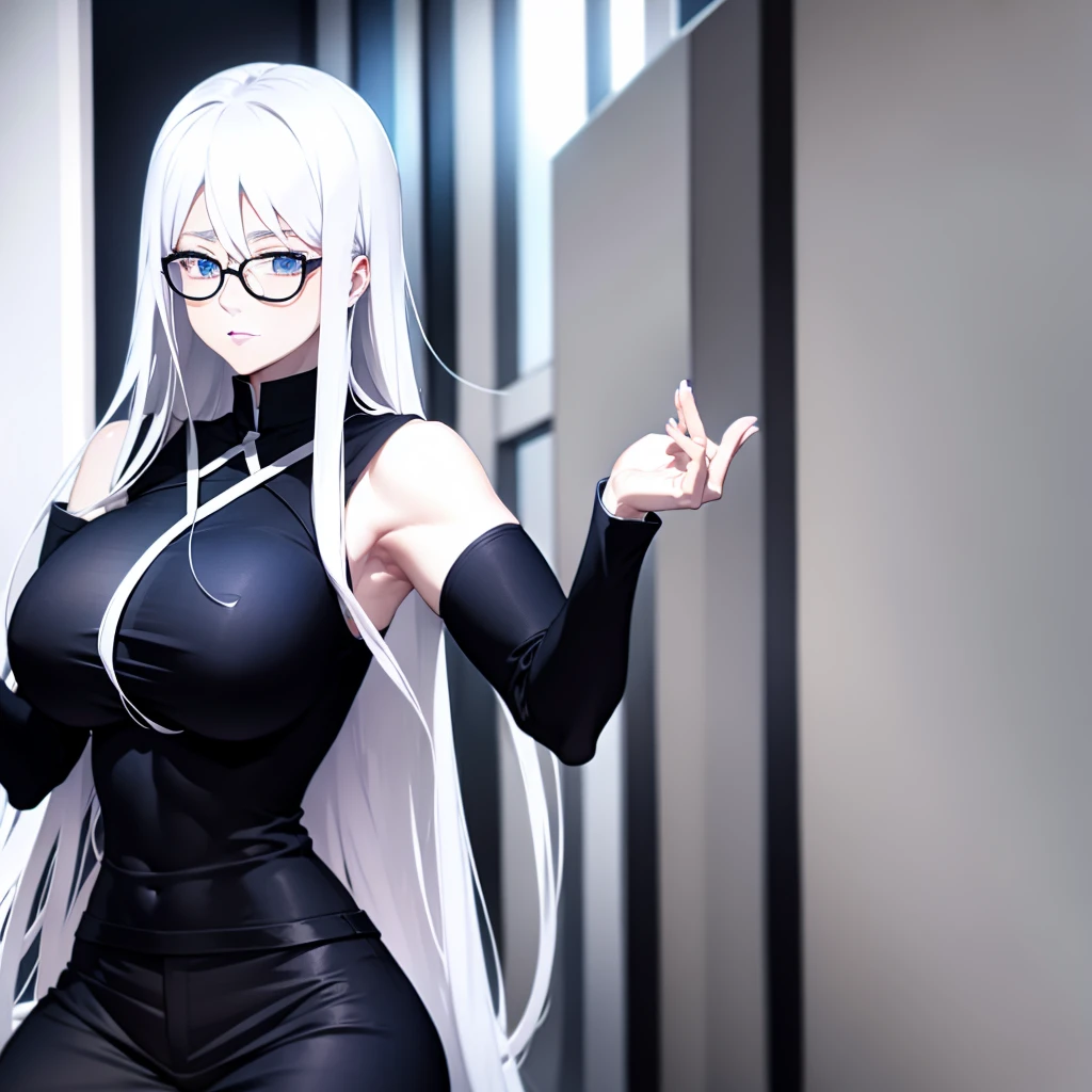 Long white hair white skin dull blue eyes a black glasses like satoru gojou from jujutsu kaisen wearing white sweeter with big breasts