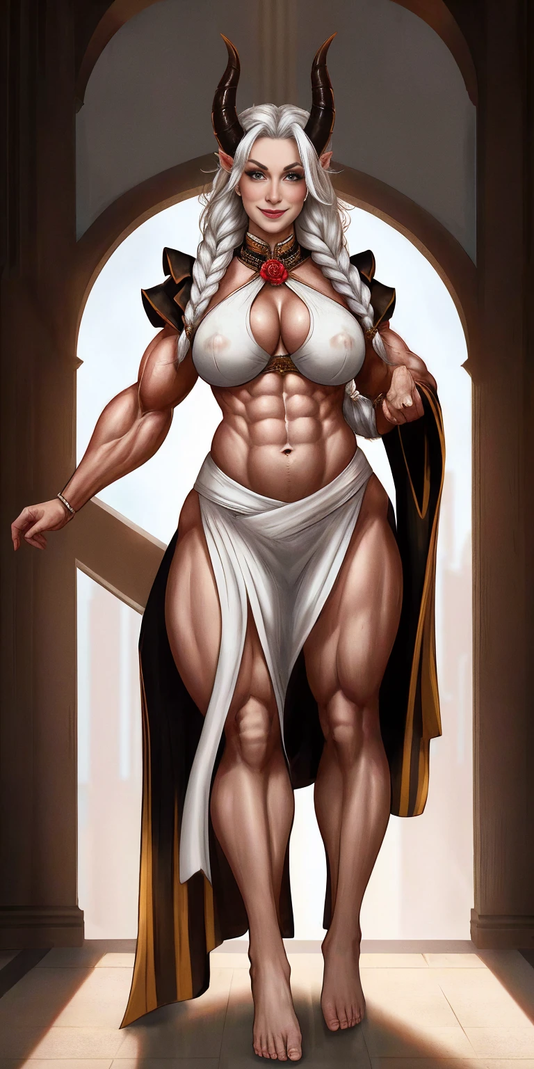 1 full length girl standing, good ass, maid of honor, Hairstyle with a white braid, white hair, blind, perfect lighting, muscular, thighs, mature woman, Mummy, belly button, ABS, look at the viewer (masterpiece, high quality: 1.1) smile, Extremely huge breasts, maternal, Porcelain skin, Extra long hair, shiny skin, good face, oni horns