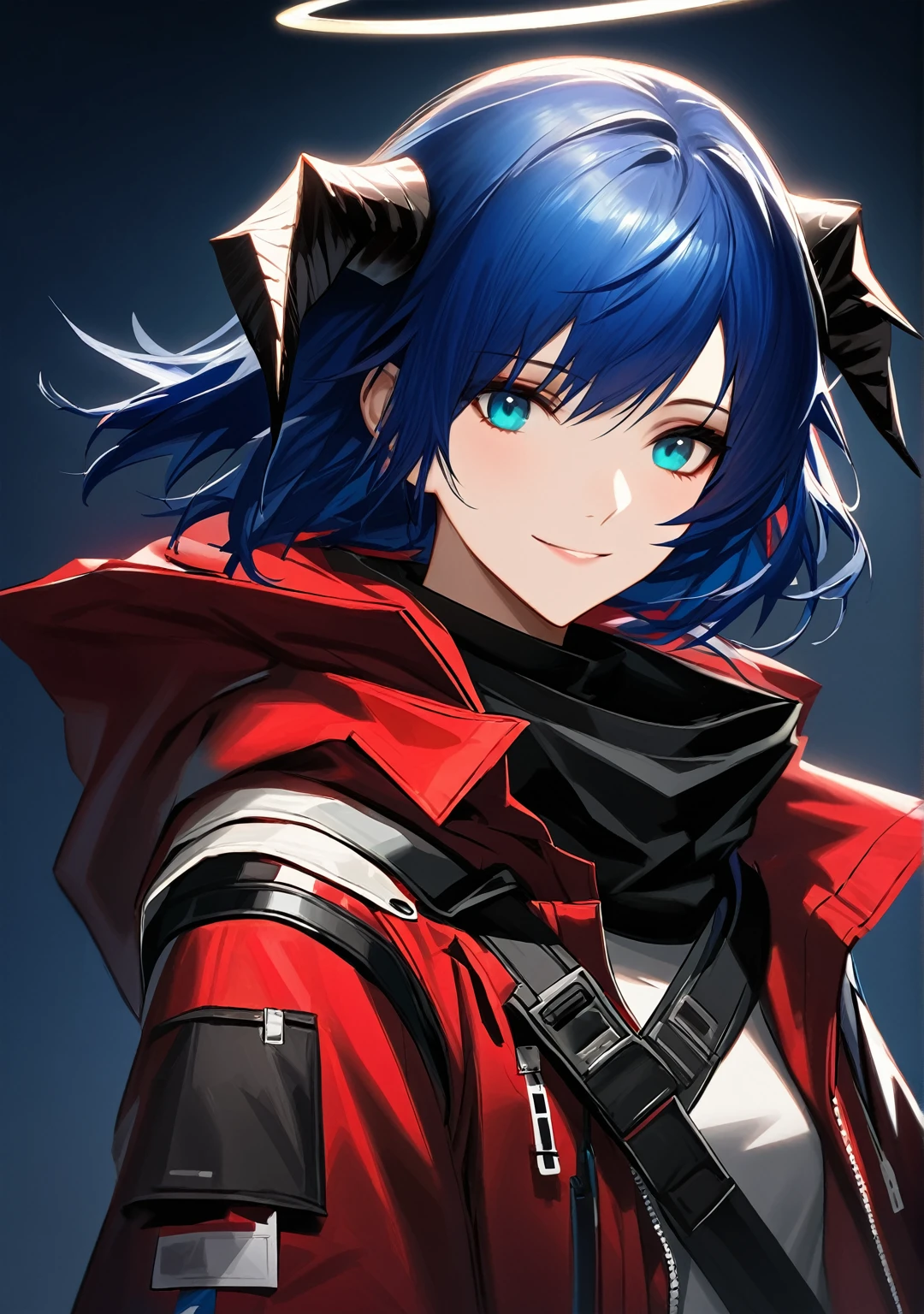 (woman), ((Mostima from arknights)), masterpiece, best quality, blue hair, ((short hair)), horns, plain white shirt, red fullbody coat, red hood, dark blue eyes, realistic anime style, smiling, ((portrait)), black gloves, carring a bag, halo.