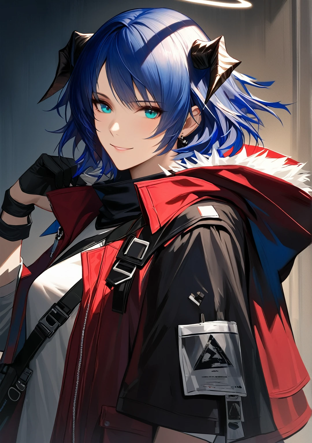 (woman), ((Mostima from arknights)), masterpiece, best quality, blue hair, ((short hair)), horns, plain white shirt, red fullbody coat, red hood, dark blue eyes, realistic anime style, smiling, ((portrait)), black gloves, carring a bag, halo.