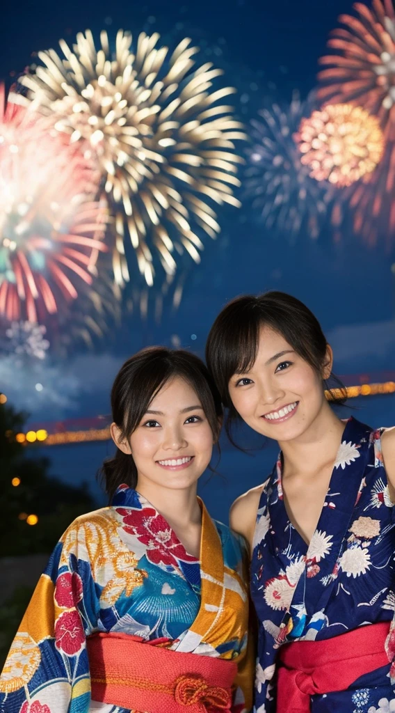 night，Fireworks display，Two Girls，Clear，yukata，Commemorative photo with fireworks in the background，