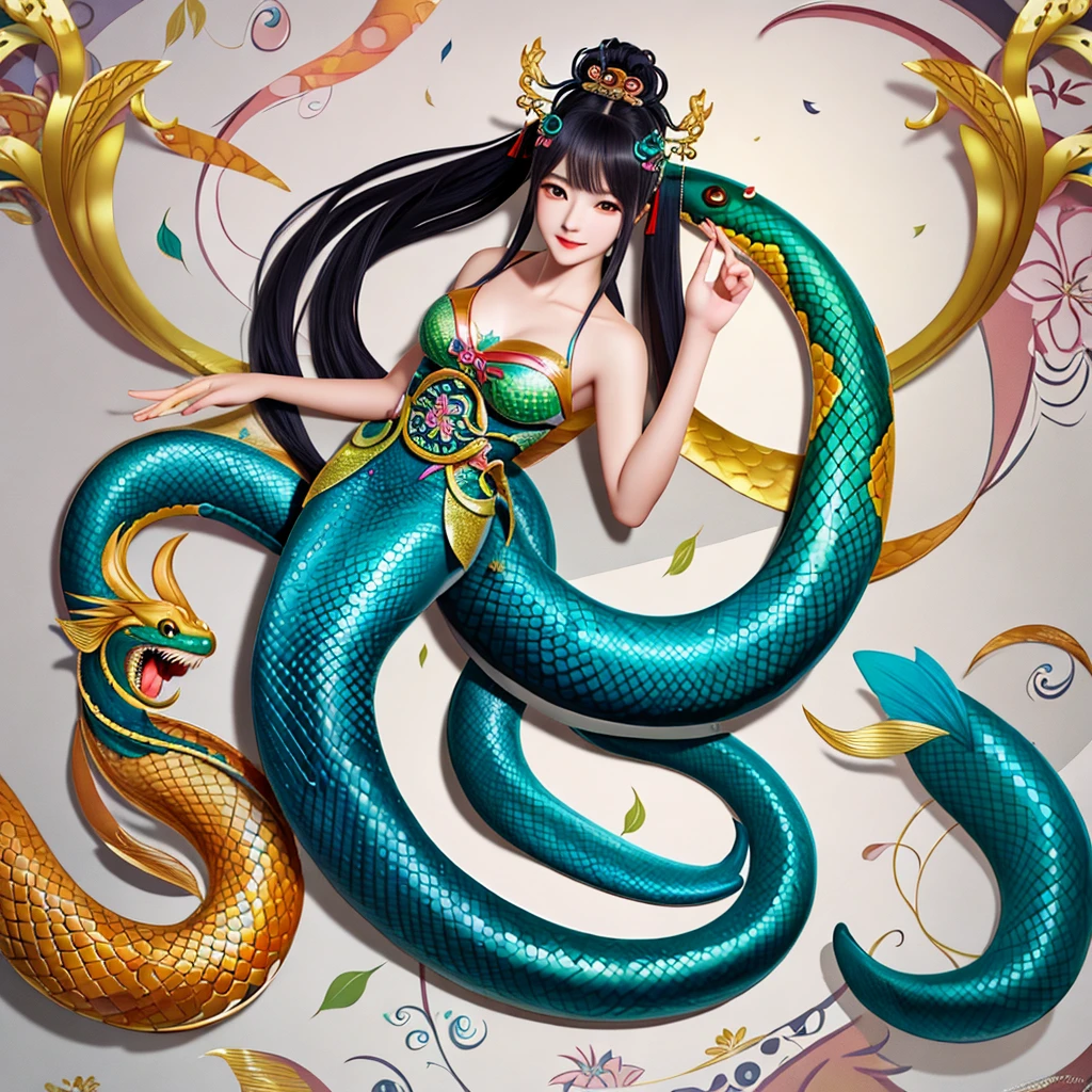 An anthropomorphic female Chinese zodiac snake，Became a mermaid，The body is beautiful，The snake&#39;s lower body is a beautiful fish tail.，A coral reef in the background，The reef is teeming with vibrant marine life，Create a vibrant underwater scene。soft、Dreamy light shining through the water，投射出soft的阴影和亮点，Delicate brushstrokes，Hyper-realistic details，Delicate color gradients，Baroque lighting，Marine Biology Reference，Influence of Traditional Chinese Art，Underwater photography techniques，Vivid color palette，正面Square Diagram，Take a full-body photo，Showing the whole mermaid&#39;s tail，Square Diagram