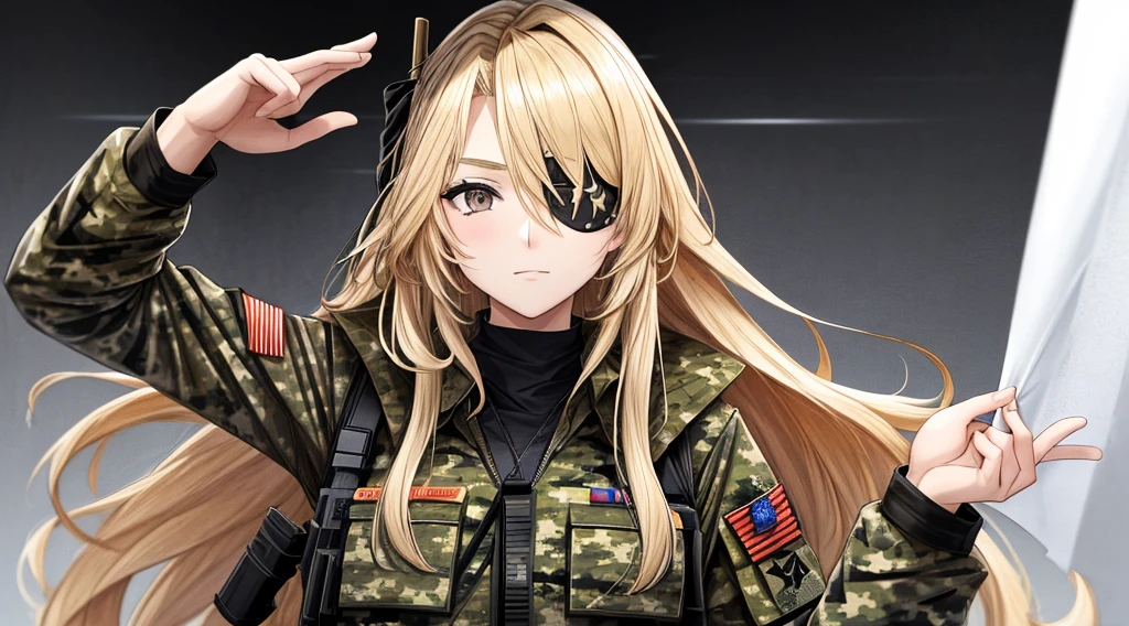 a woman with long blonde hair, brown eyes and a triangular black eye patch over her right eye and is wearing camouflage military clothing
